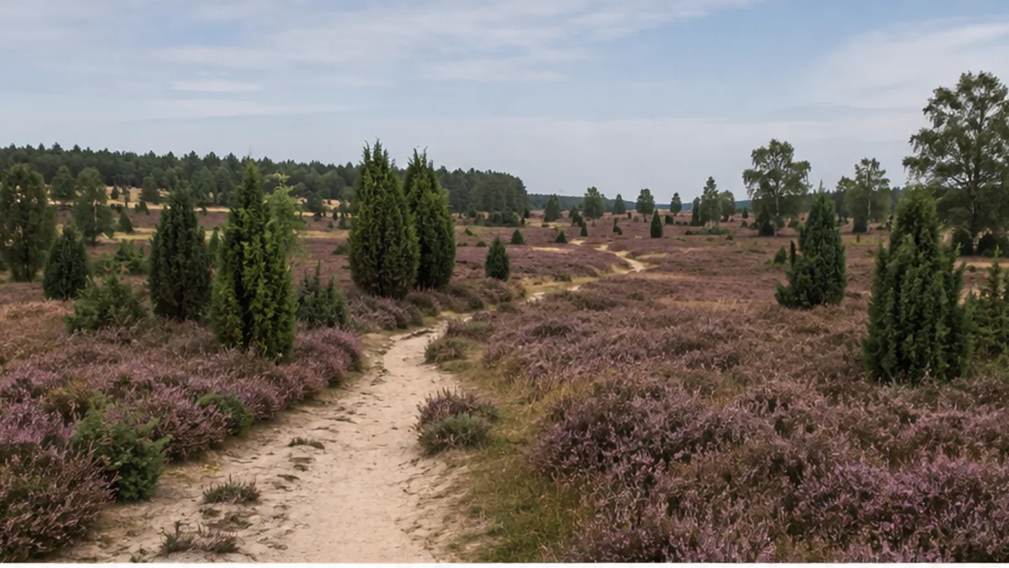 Lüneburger Heide: Lüneburger Heide: weite violette Besenheide mit Wacholdern und Sandweg
