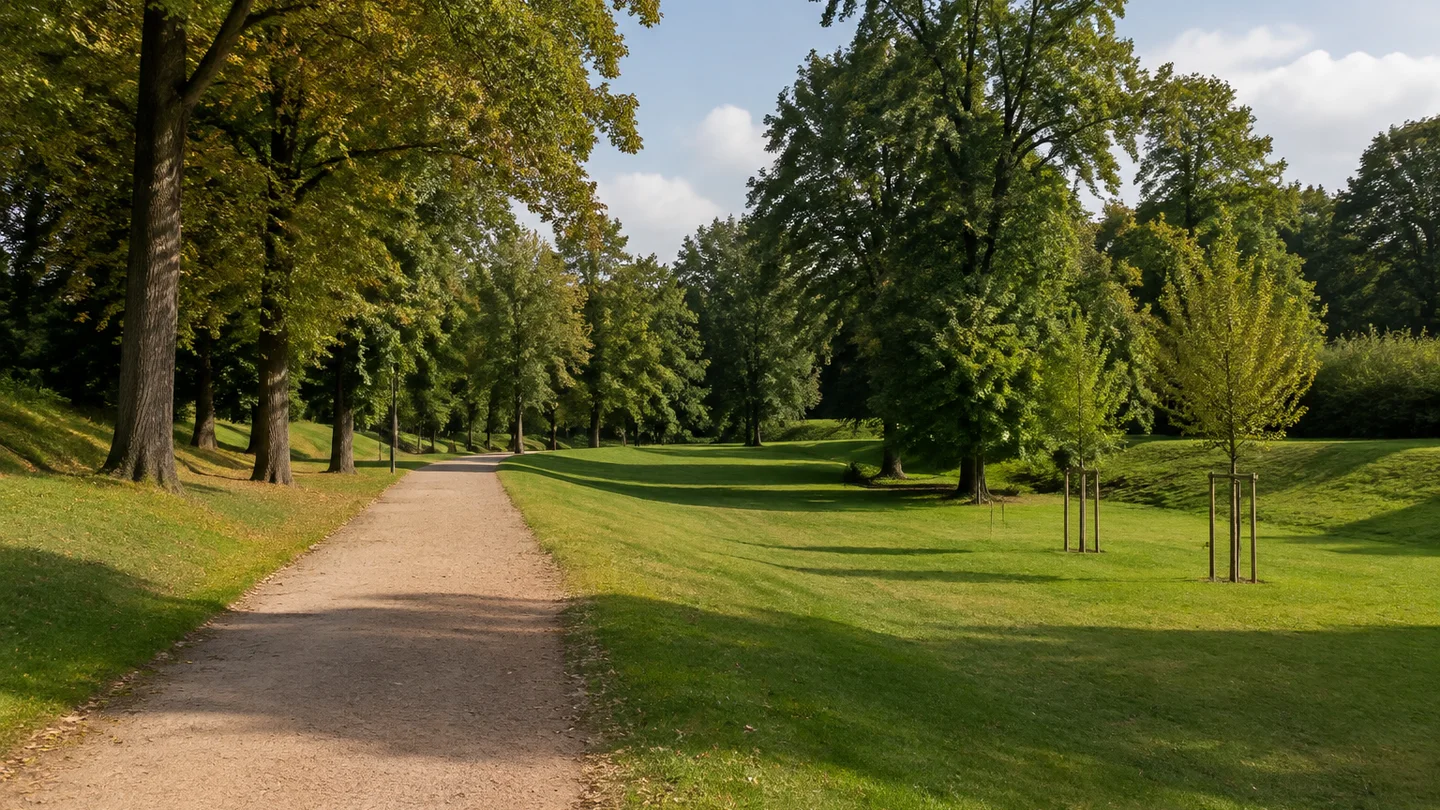 Lutherstadt Wittenberg: Wittenberger Wallgrün: Breiter Spazierweg durch grüne ehemalige Wallanlagen mit alten Laubbäumen und gepflegten Wiesen