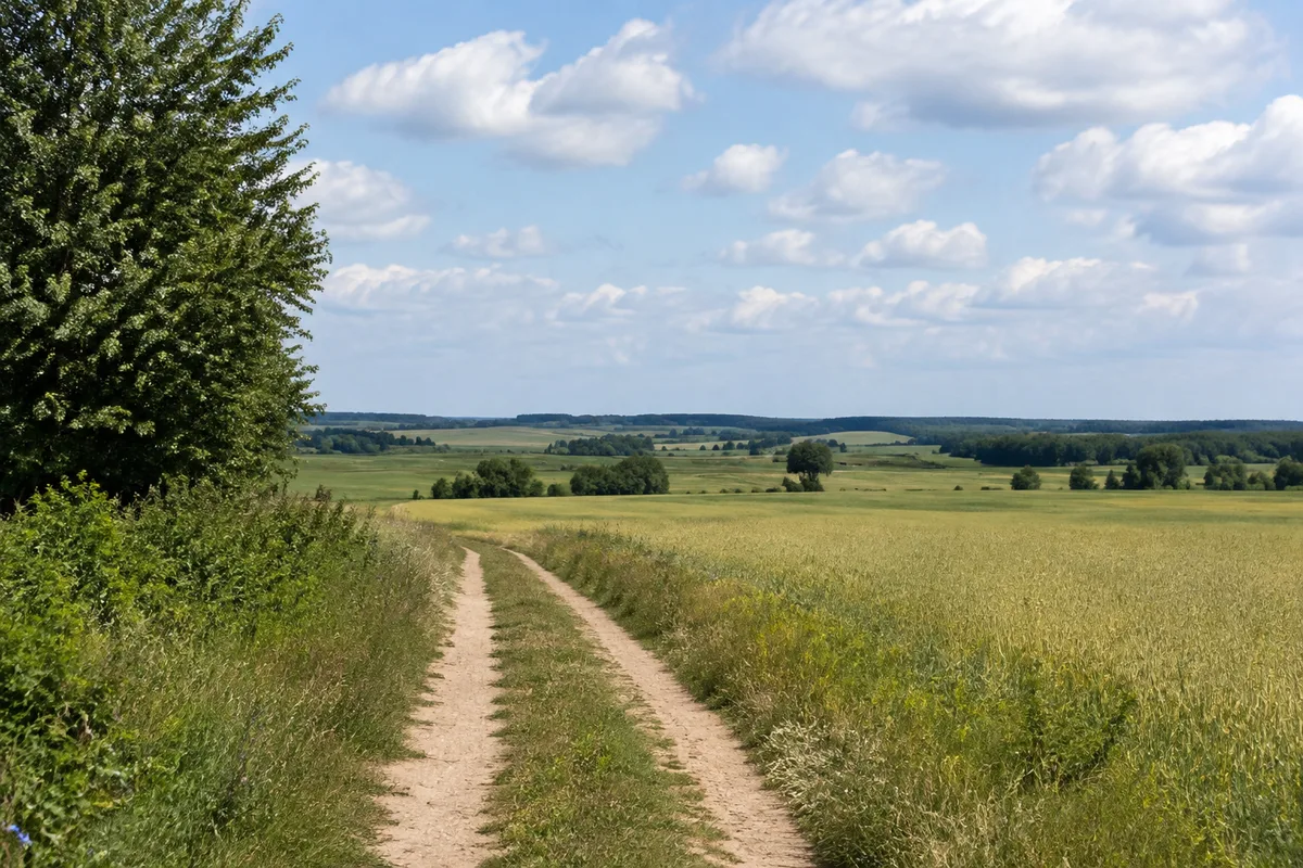 Feldweg bei Duckow durch sanfte offene Agrarlandschaft