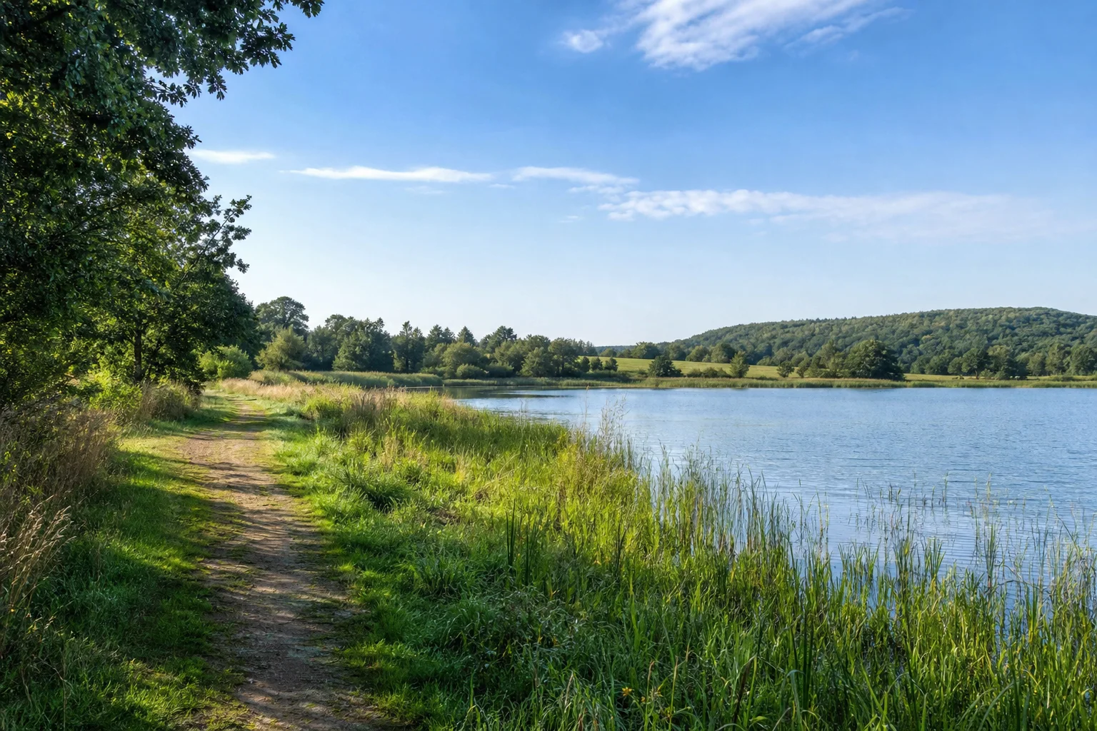 Neukirchener See: kleiner See mit Schilfgürtel und Wiesenweg, niedrige bewaldete Hügel im Hintergrund