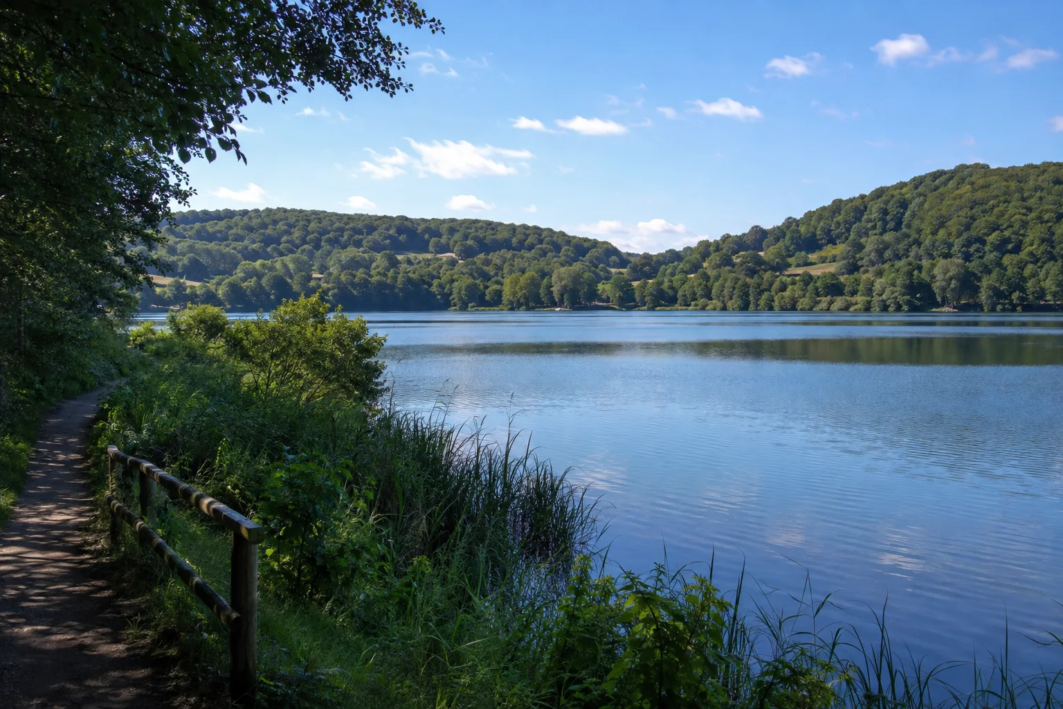 Malente: Bad Malente-Gremsmühlen: Malenter Seenlandschaft: ruhiger mäßig großer See zwischen grünen bewaldeten Moränenhügeln mit landseitigem Wanderweg