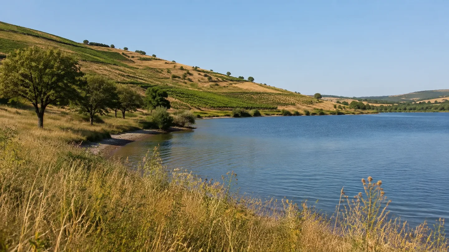 Mansfelder Land: Eisleben Helfta: Mansfelder Seenlandschaft: Weiter Binnensee unter sanften trockenen Weinberghängen mit einzelnen Obstbäumen