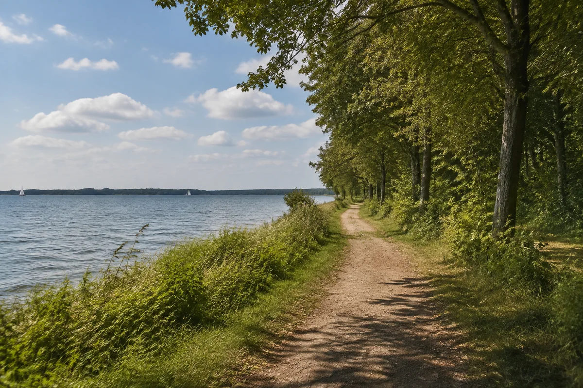 Zöbigker am Cospudener See: flacher Seeuferweg mit Laubbäumen und einzelnen Segelbooten weit entfernt
