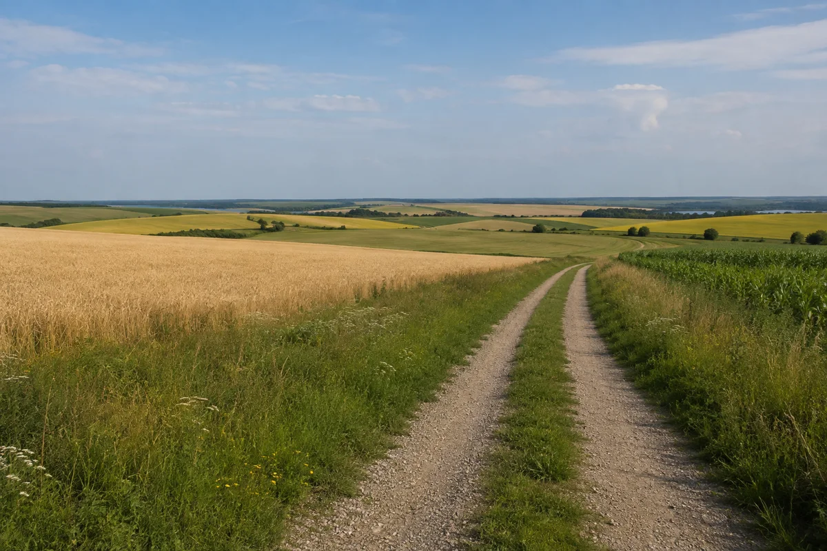Wachauer Feldflur: sanft gewellte offene Äcker und Feldweg am niedrigen südlichen Leipziger Horizont