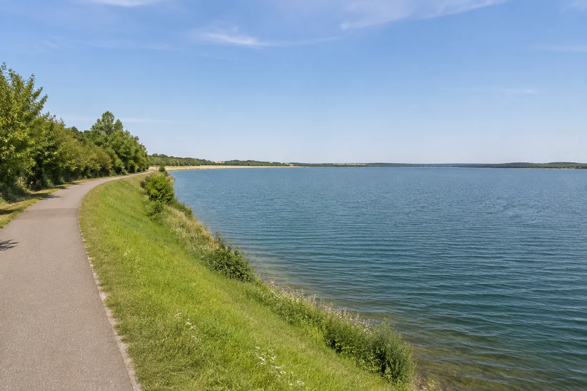 Markkleeberg: Markkleeberg-Ost: Markkleeberger See Nordufer: niedrige grüne Böschung, befestigter Spazierweg, weites blaugrünes Wasser