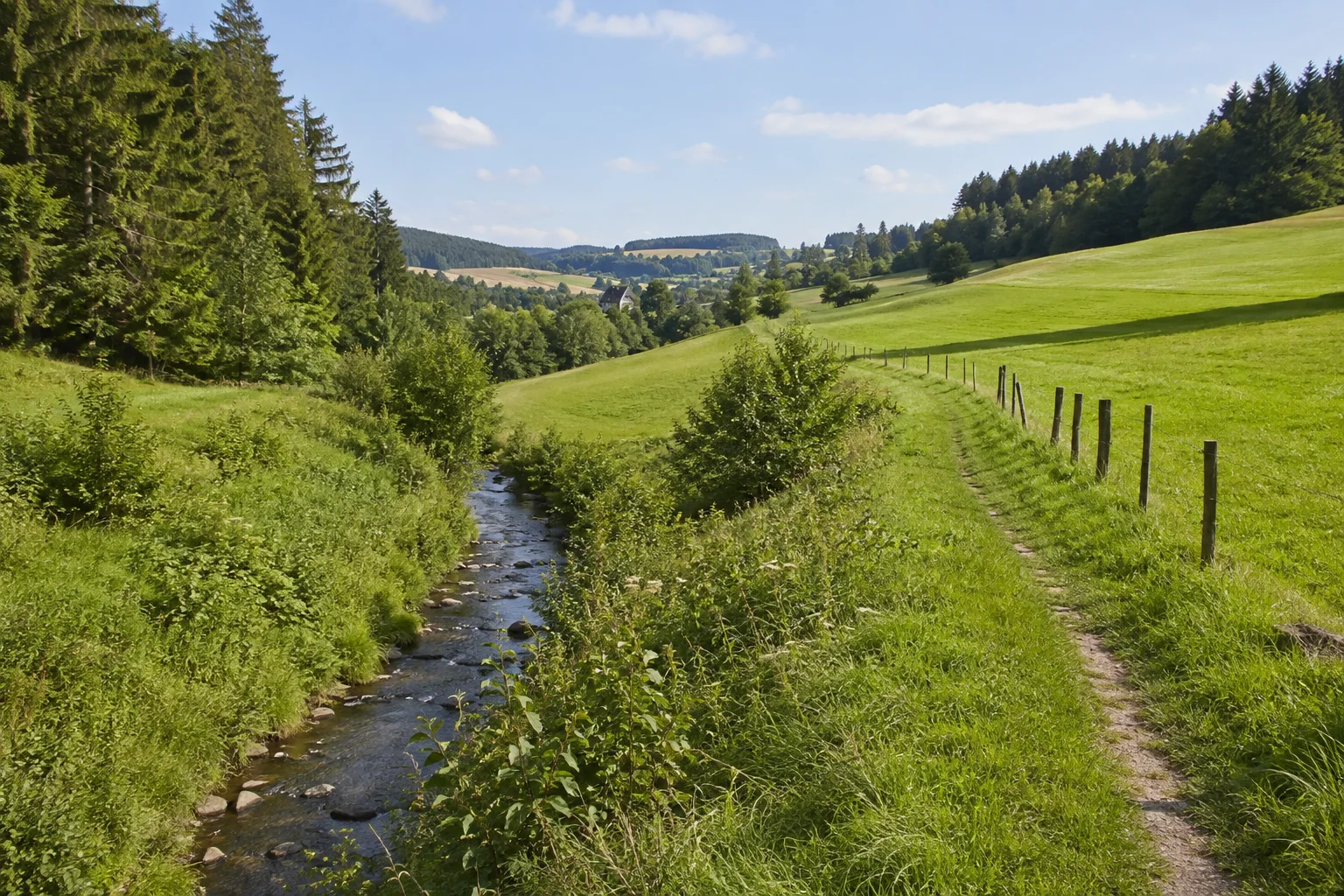Erlbacher Tal: schmaler Bach und grüne Wiesen zwischen bewaldeten sanften Hängen