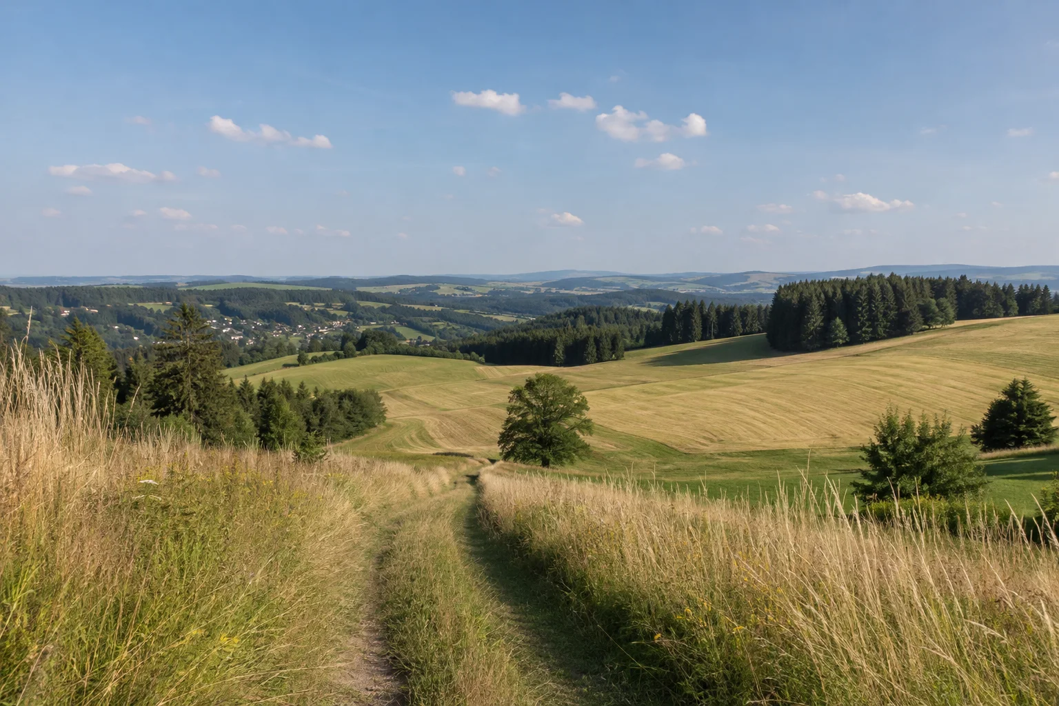 Markneukirchen: Markneukirchen – Busbahnhof: Landwüster Höhen: sonniger Wiesenweg durch offenes Vogtland mit dunklen Waldkuppen