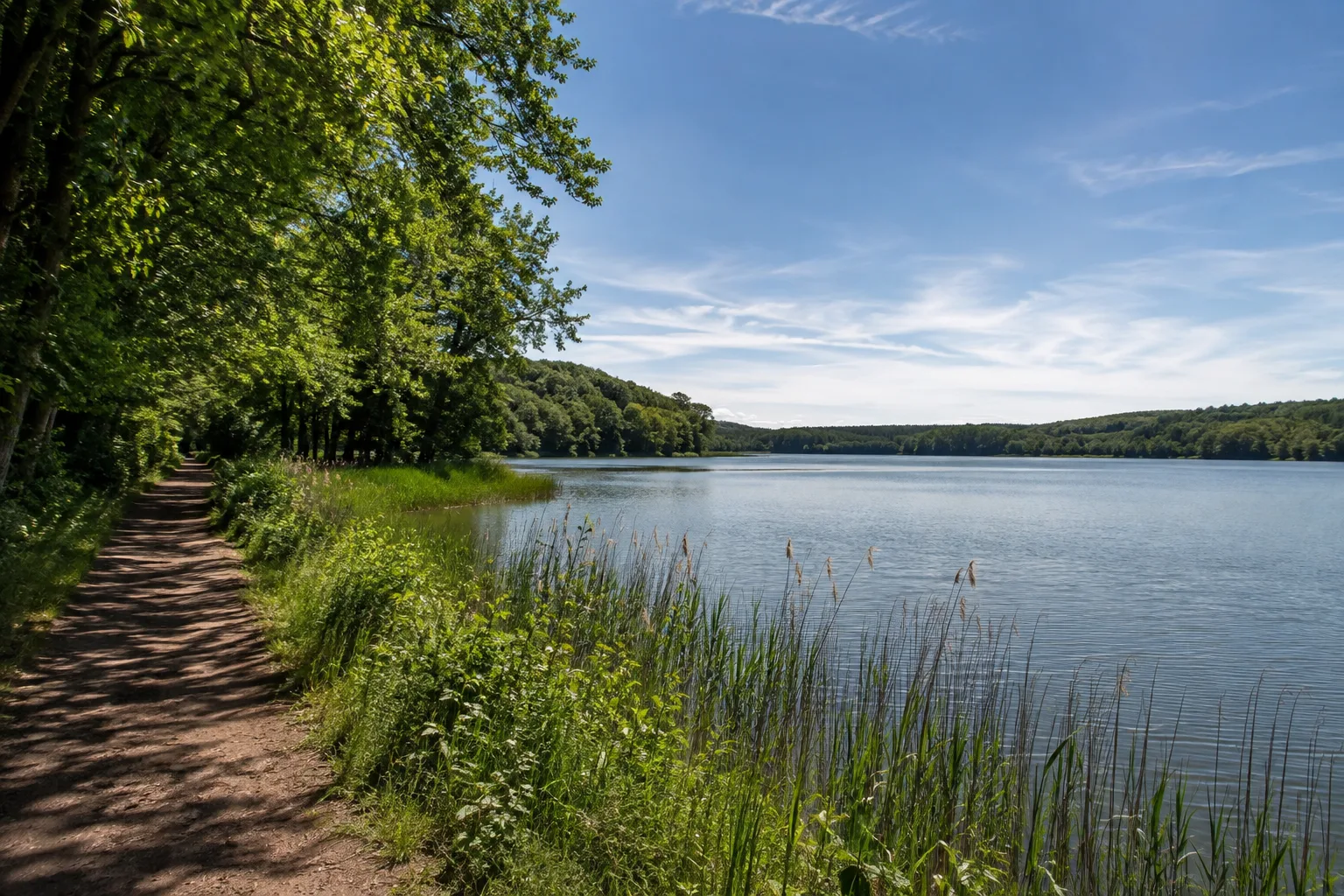 Mecklenburgische Seenplatte: Mecklenburgische Seenplatte: weiter klarer See zwischen Schilf, Wiesen und Buchenwald