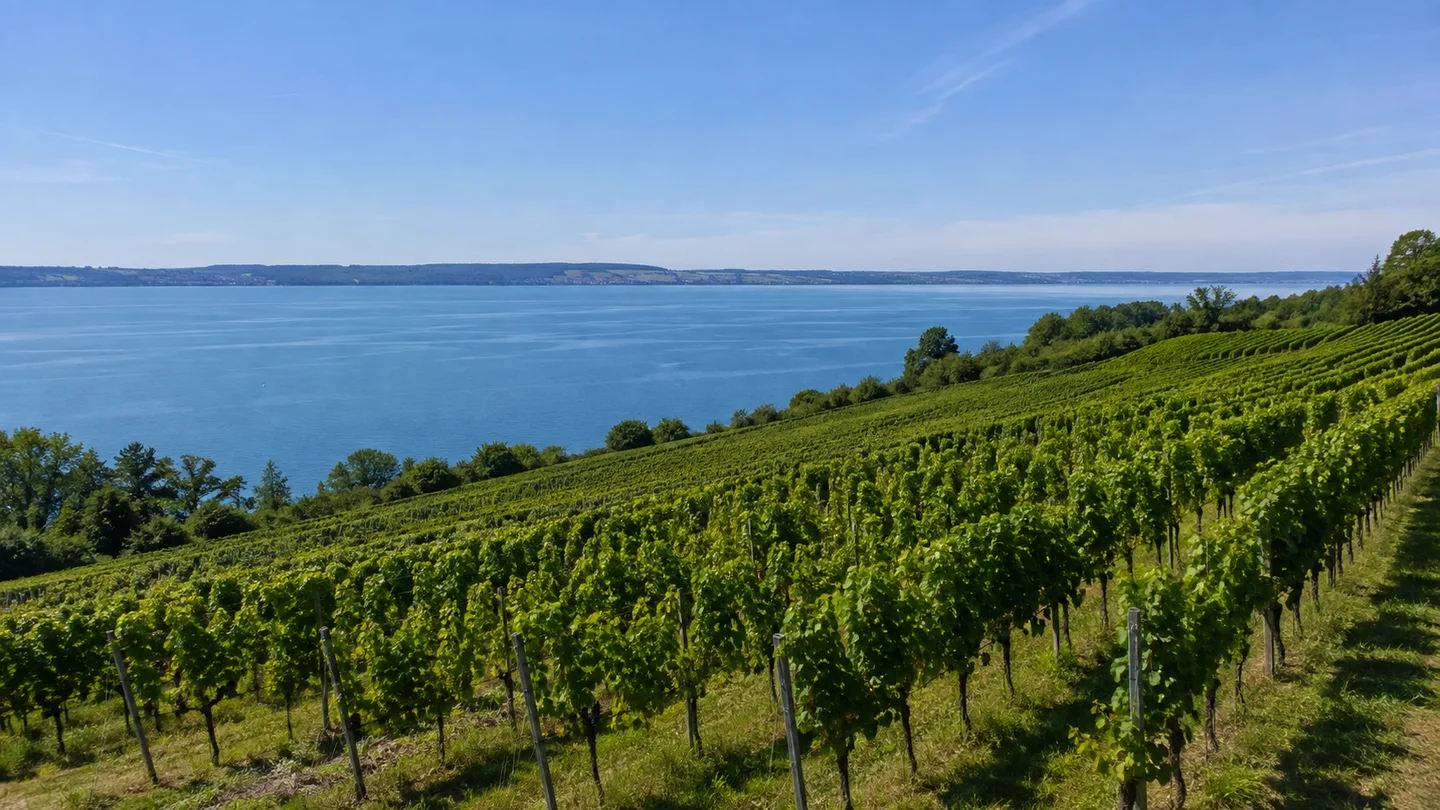 Meersburg: Meersburg Obertor: Meersburger Weinberge: Ordentliche grüne Rebzeilen an einem sonnigen mäßig steilen Hang über dem weiten blauen Bodensee, niedrige ferne Gegenküste