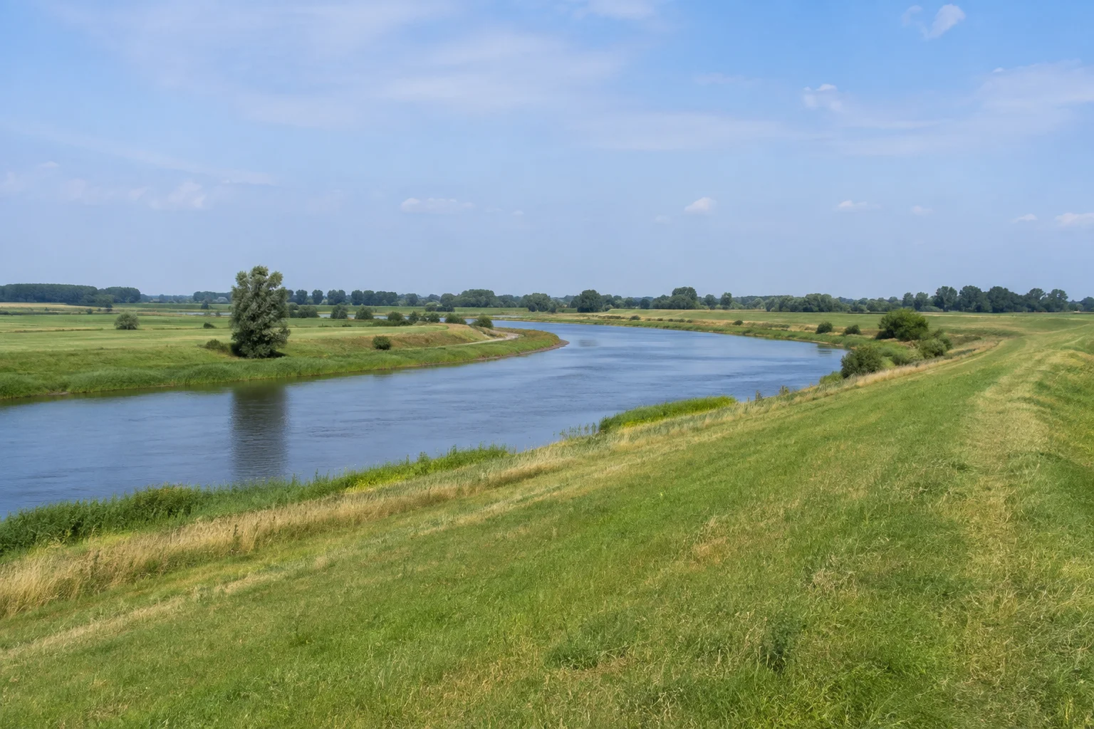 Offene Emsniederung bei Rühle mit Flussbiegung und grasigem Deich