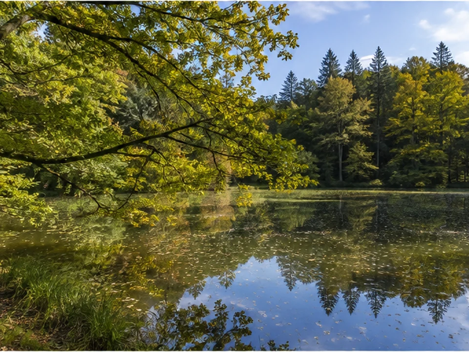 Schlossumfeld: Teich- und Waldlandschaft nahe dem Wasserschloss