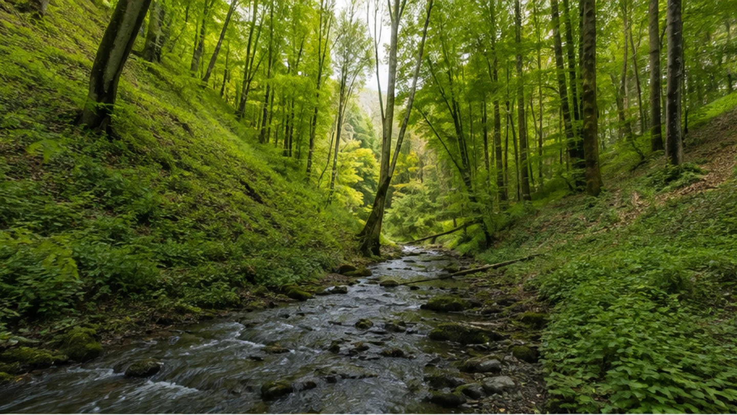 Mespelbrunn: Mespelbrunner Waldtal: schmale grüne Tallage zwischen Buchenhängen