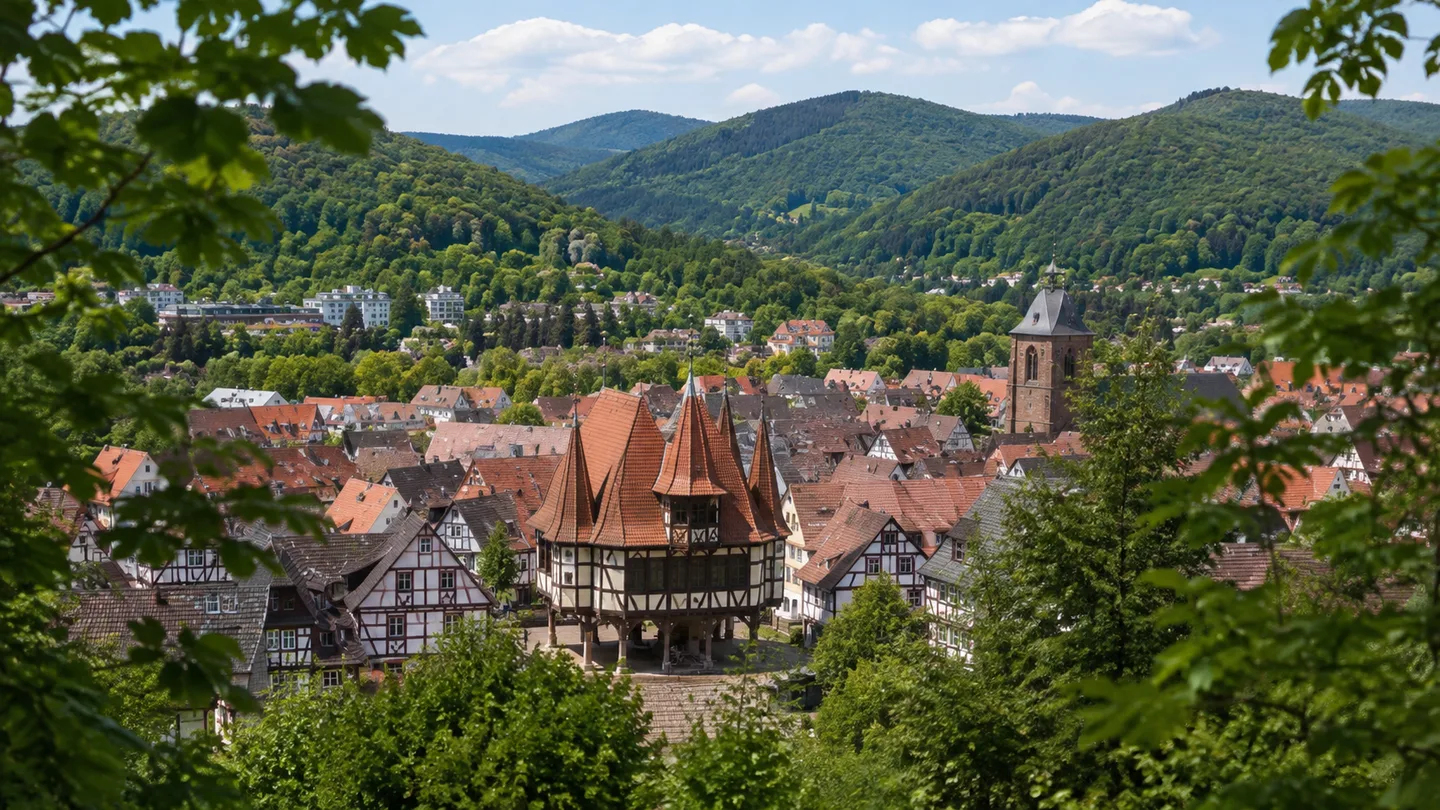 Michelstadt: Michelstadt: historisches Fachwerkrathaus vor grünen Odenwaldhängen