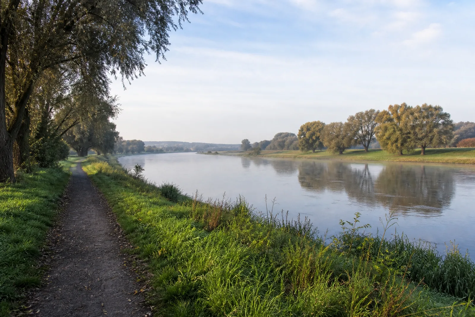 Uferweg an der Weser in Minden zwischen Wiesen und alten Weiden