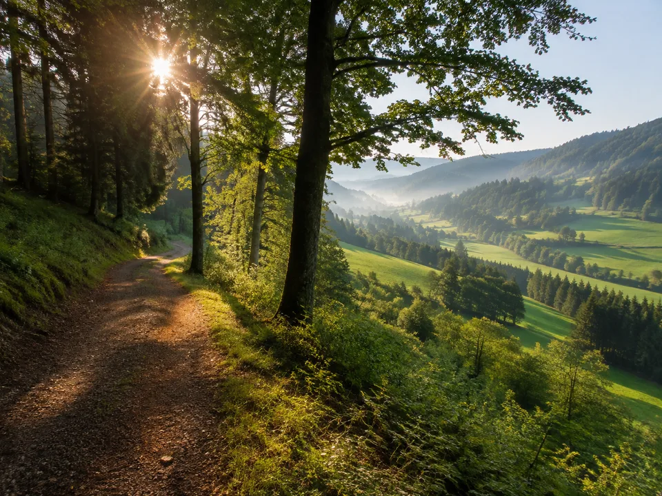 Mittlere Schwarzwaldhöhen: Mischwald und Wiesen an einem ruhigen Höhenweg