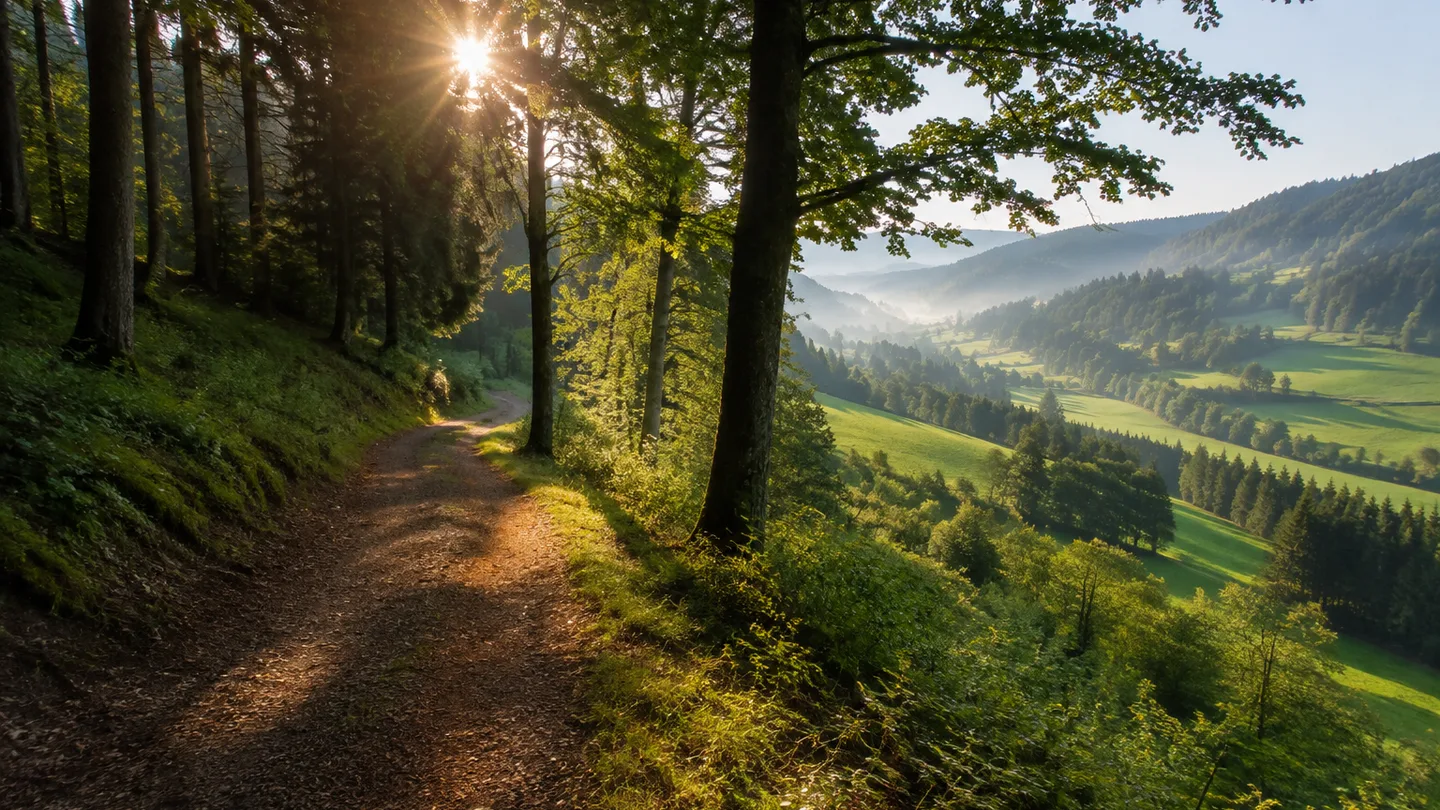 Mittelweg: Pforzheim: Mittelweg: breiter Waldweg über sanfte Schwarzwaldhöhe
