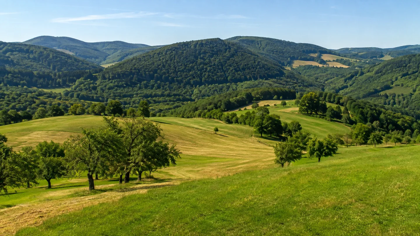 Modautal: Ernsthofen Mitte: Modautaler Höhenlandschaft: Grüne wellige Wiesen mit Streuobstbäumen vor rundlichen dicht bewaldeten Odenwaldbergen