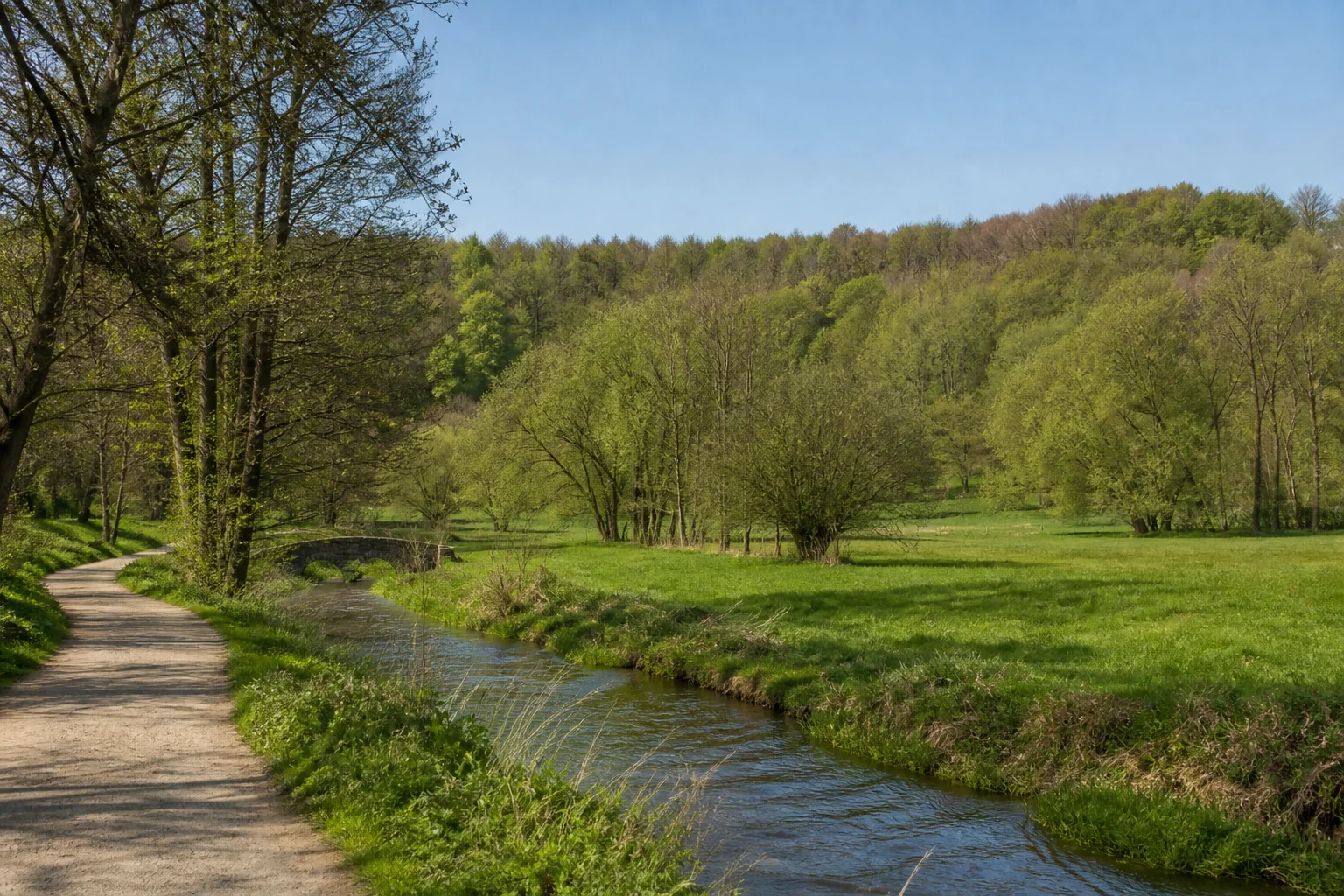 Wanderweg an der Möhneaue bei Völlinghausen mit Bach, Wiesen und bewaldeten Hängen