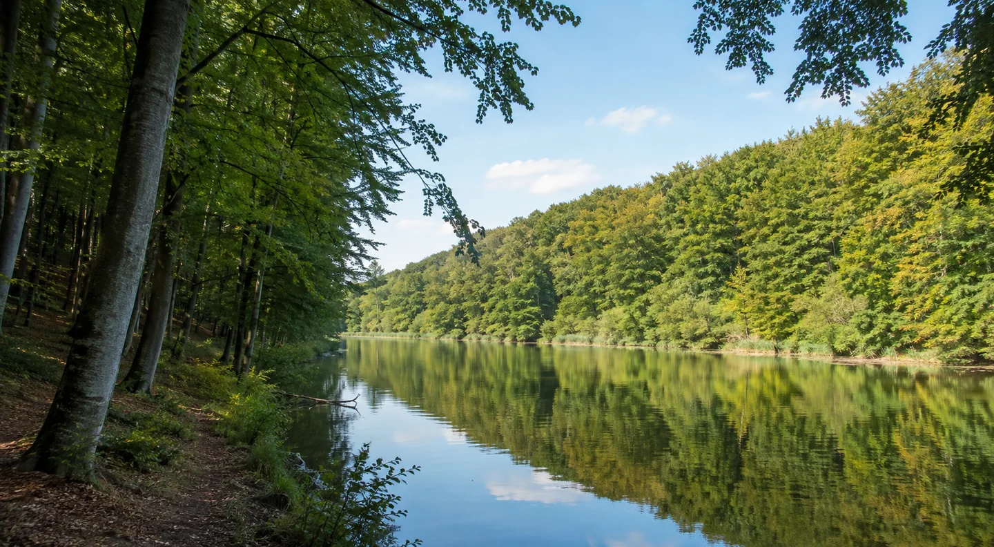 Mölln: Uhlenkolk – Naturparkzentrum: Möllner Waldseen: Schmaler langgestreckter See zwischen dichtem Buchenwald mit niedrigem bewaldetem Hang