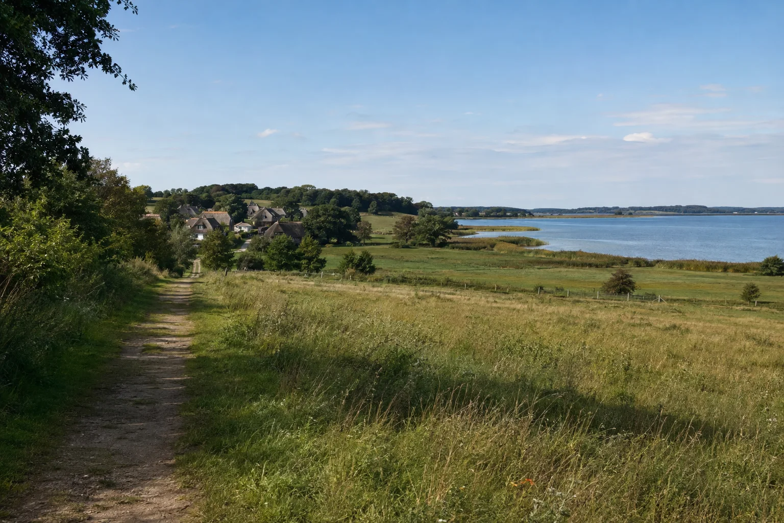 Alt Reddevitzer Bodden: flache grüne Uferwiesen mit einzelnen Reetdachhäusern und landseitigem Weg