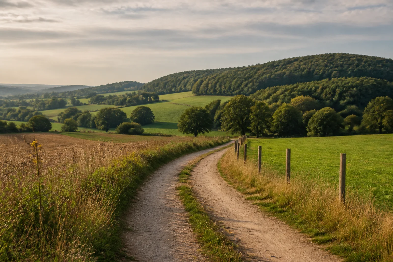 Sanfte Baumberge im Münsterland mit Feldweg, Wiesen und Laubwald