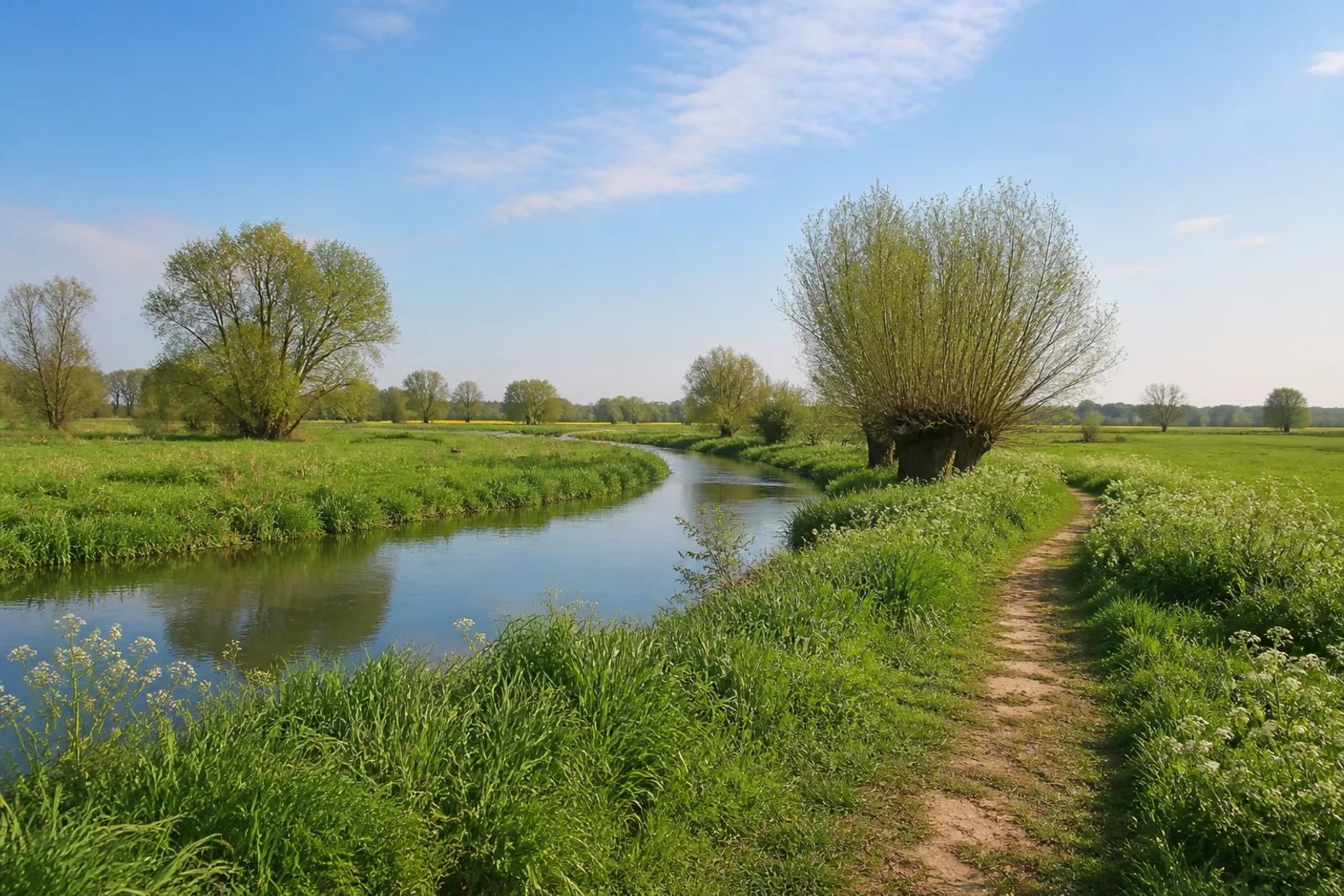 Flache Emsauen im Münsterland mit schmalem Fluss, Wiesenweg und Kopfweiden
