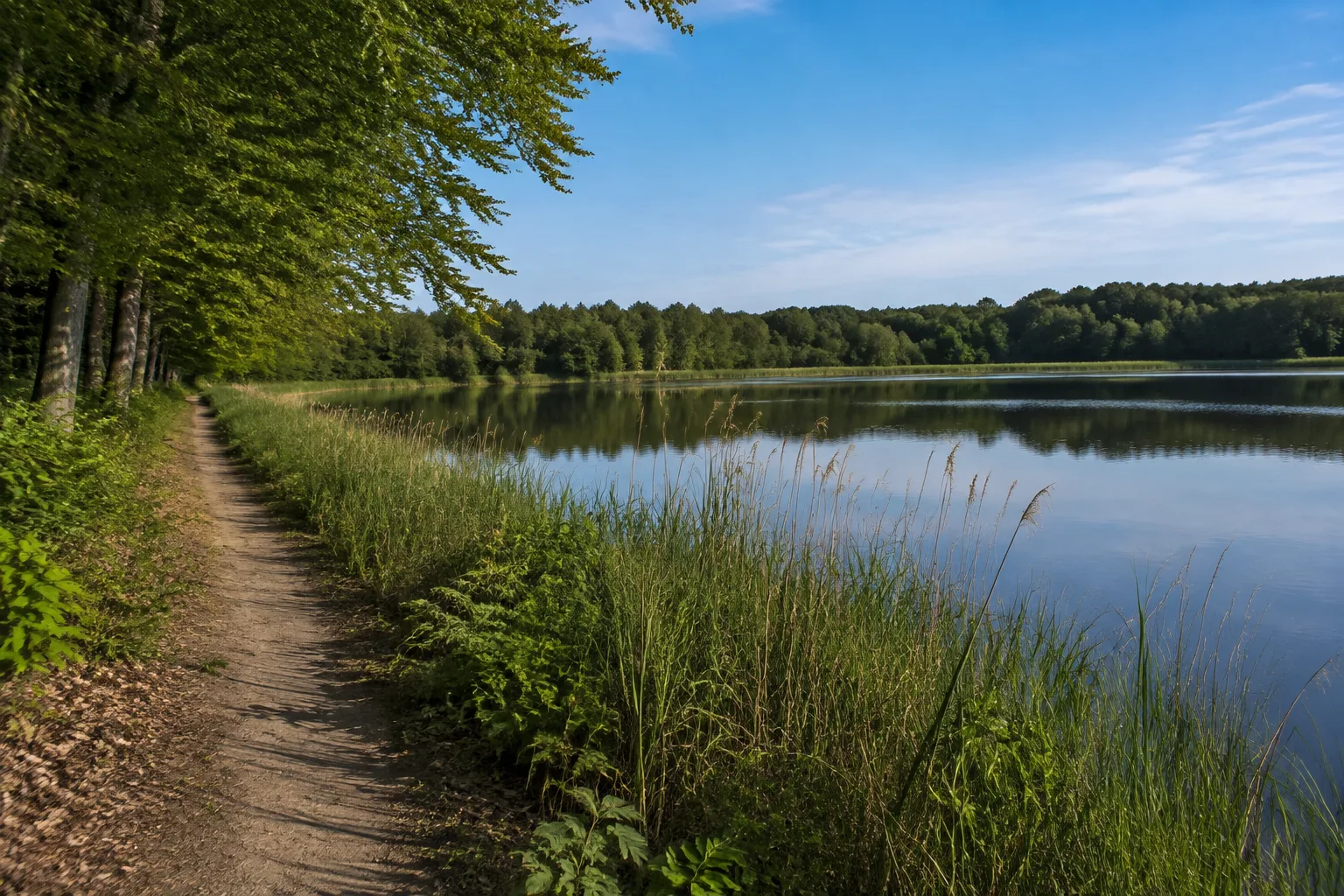Müritz-Nationalpark: Müritz-Nationalpark: ruhiger Waldsee mit Schilf und altem Buchenwald