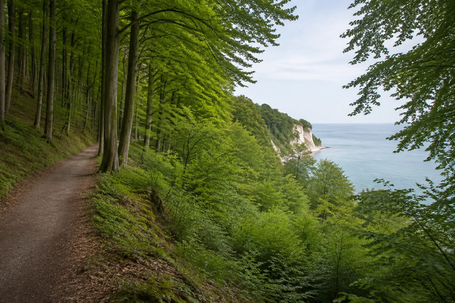 Hochuferweg: markierter Waldweg oberhalb der Kreideküste mit Meerblick