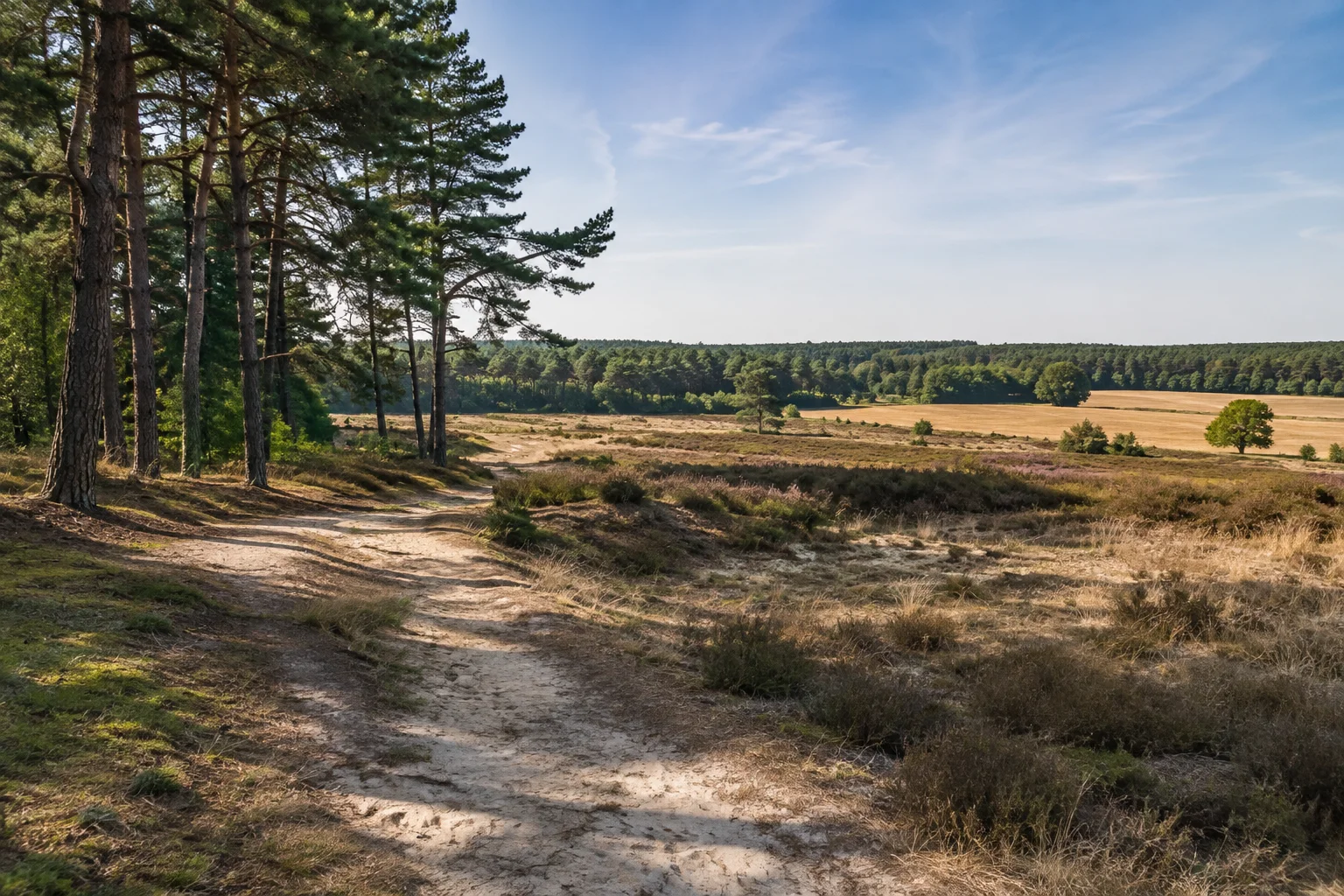 Sanft wellige Ankumer Geest mit Kiefern, Sandboden und Feldern