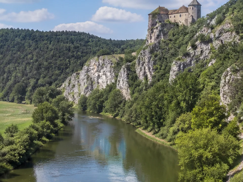 Unteres Altmühltal: Flussschleife mit Fels und Burgblick