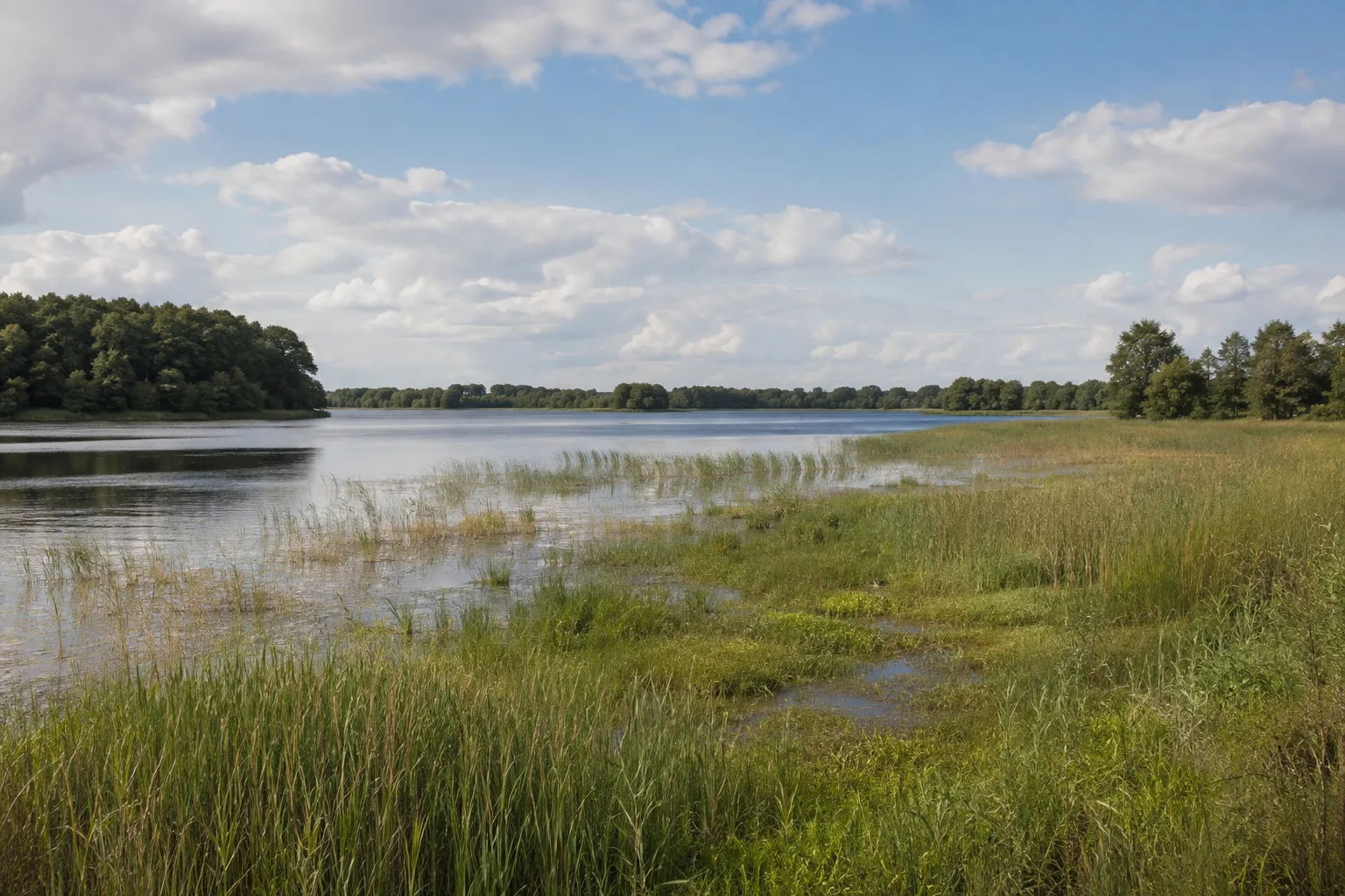 Groß Schauener Seenkette: Schilfufer und flache Feuchtwiesen an einer geschützten Seenkette
