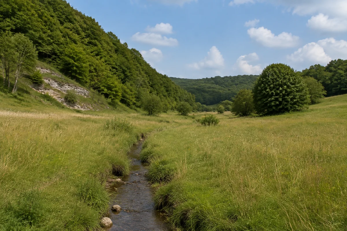 Naturpark Eichsfeld-Hainich-Werratal: Grünes Luttertal bei Lutter im Eichsfeld mit kleinen Quellenbächen, Wiesen und Buchenwäldern auf Muschelkalkhängen