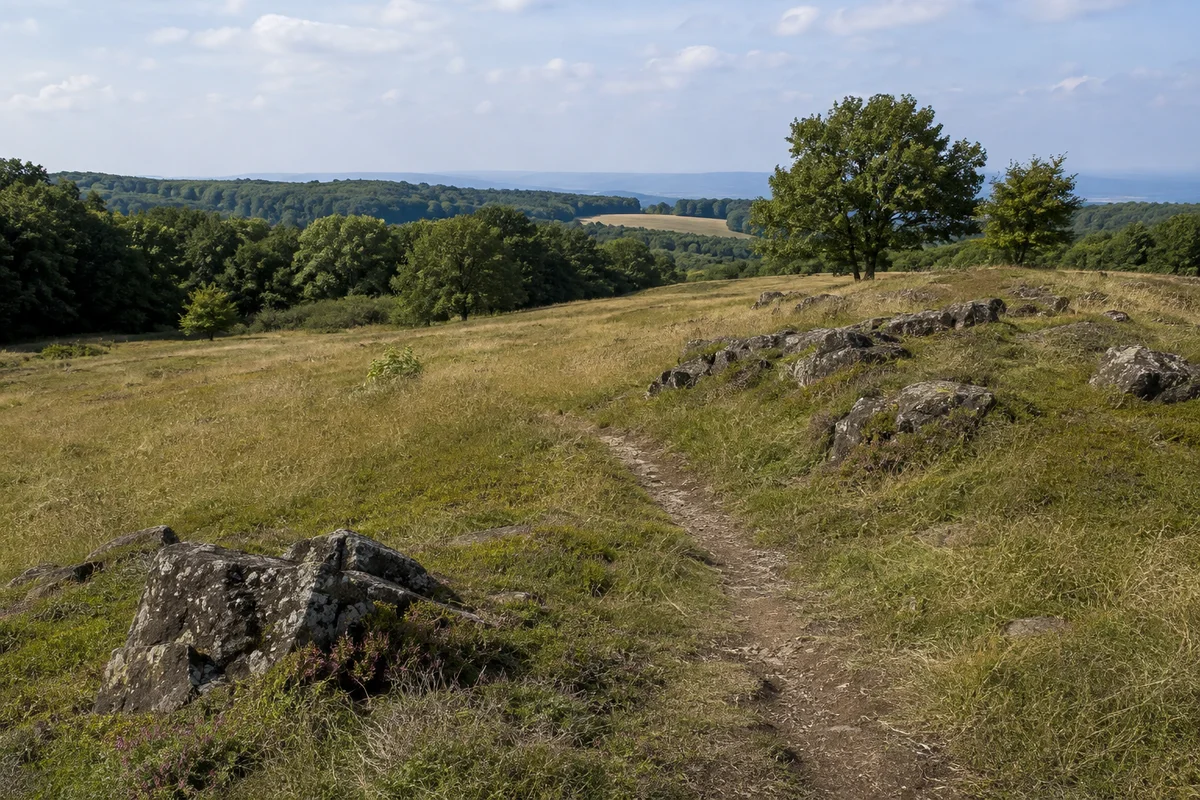 Naturpark Habichtswald: Zierenberg: Dörnbergvorland: offene grasige Basaltkuppen mit niedrigen Felsblöcken und Laubwaldhorizont