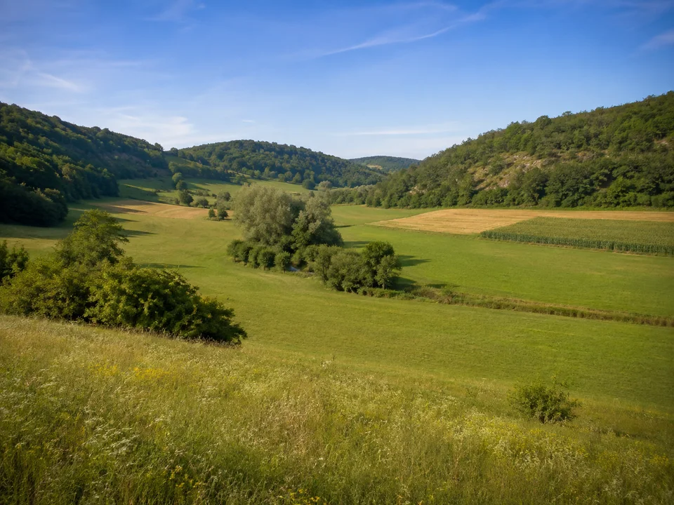 Baunachtal bei Ebern: Breites grünes Wiesental bei Ebern mit Bachgehölzen, kleinen Feldern und niedrigen bewaldeten Keuperhängen