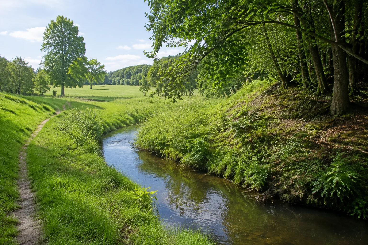 Kleiner Bach bei Hüven zwischen Wiesen und niedrigen Geesthängen ohne erfundene Mühle