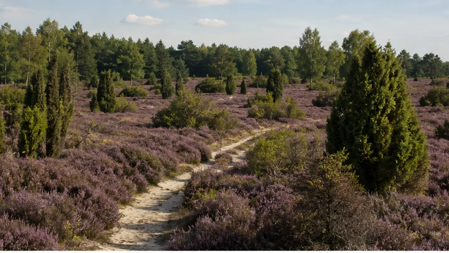 Naturpark Lüneburger Heide: Naturpark Lüneburger Heide: geschützter Heidekern mit Wacholder und sandigem Wanderweg