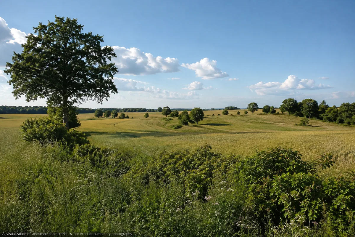 Offene Ackerlandschaft am Basedower Dorfrand mit Feldhecken und alten Einzelbäumen