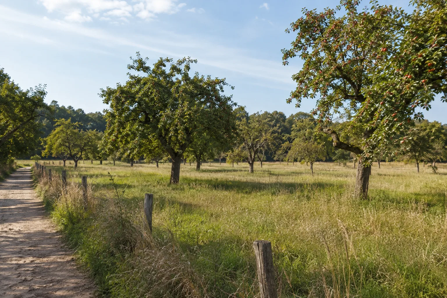 Döllinger Obstwiesen: alte Apfel- und Birnbäume auf Wiesen vor einem flachen Waldsaum
