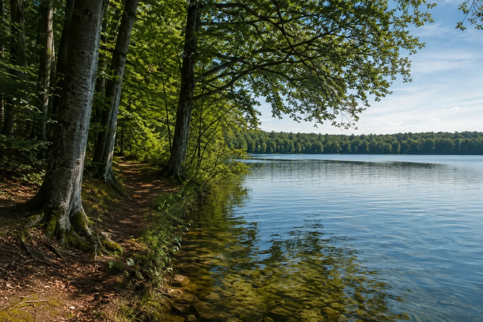 Naturpark Stechlin-Ruppiner Land: Menz: Stechlinlandschaft: klares ruhiges Seewasser hinter einem schmalen natürlichen Ufer unter alten Buchen, niedriger Waldhorizont