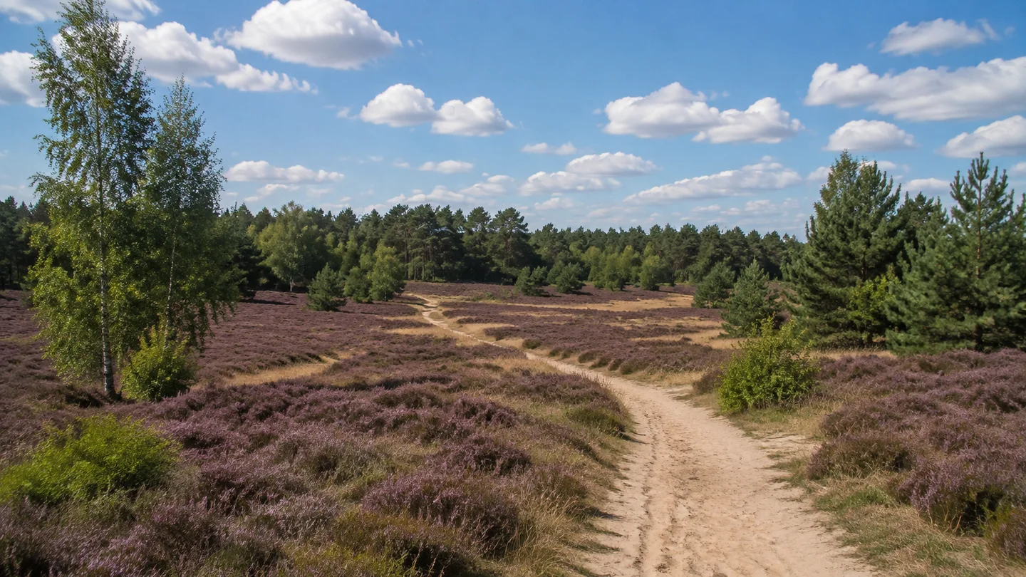 Naturpark Südheide: Oberoher Heide im Naturpark Südheide: niedrige lila Heide, helle Sandwege, Birken und Kiefern, sanftes Relief