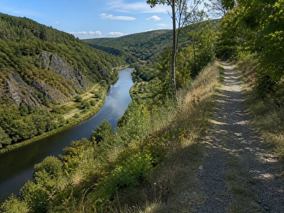 Saalehang im Naturpark: Breiter Waldweg oberhalb eines geschwungenen Flusses mit dunklem Fels und gemischten Waldhängen
