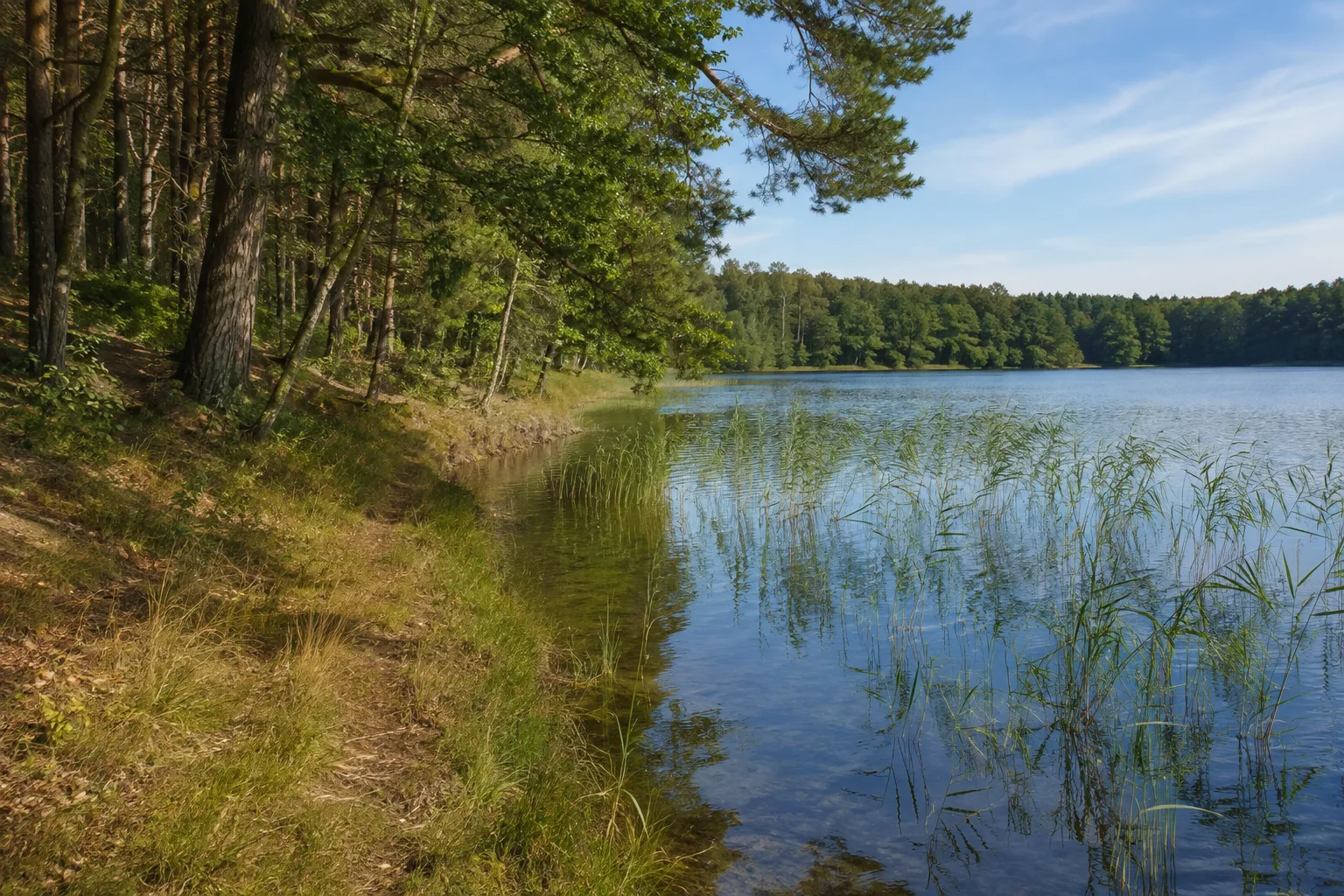 Naturpark Uckermärkische Seen: Lychen / Wurlsee: Naturpark-Seenwald: naturnaher Buchen-Kiefern-Mischwald an einem klaren schilfgesäumten See