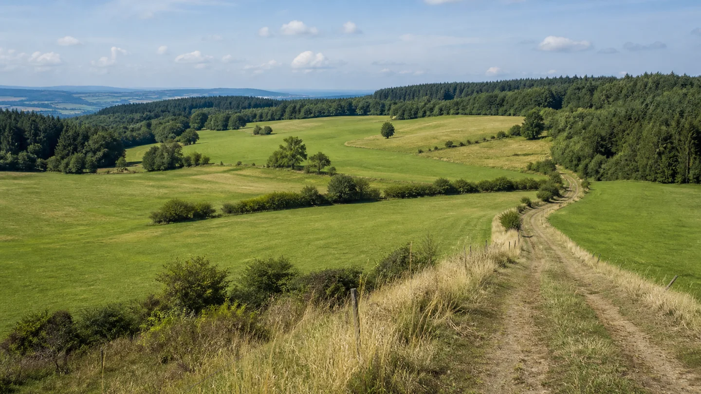 Naturpark Vulkanregion Vogelsberg: Grebenhain: Bergwiesen im Naturpark Vogelsberg: Grüne wellige Bergmähwiese mit Waldsäumen, Hecken und breitem Randweg auf einer runden Hochfläche