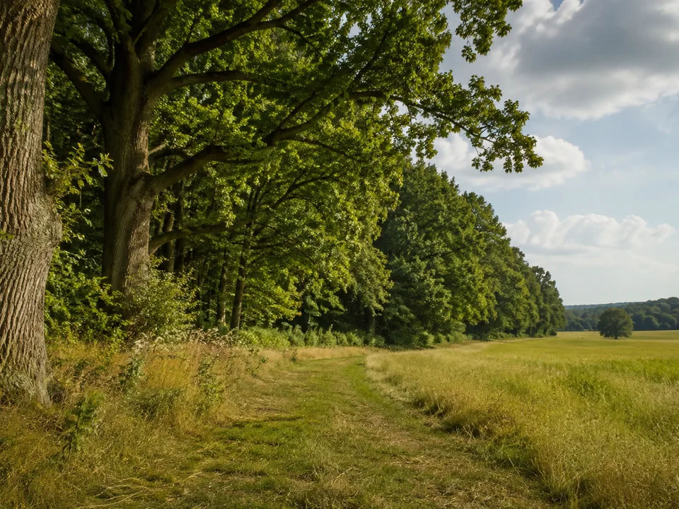 Waldsaum der Göhrde im Naturpark: mächtige Eichen zwischen Buchen und grasigem Wegrand