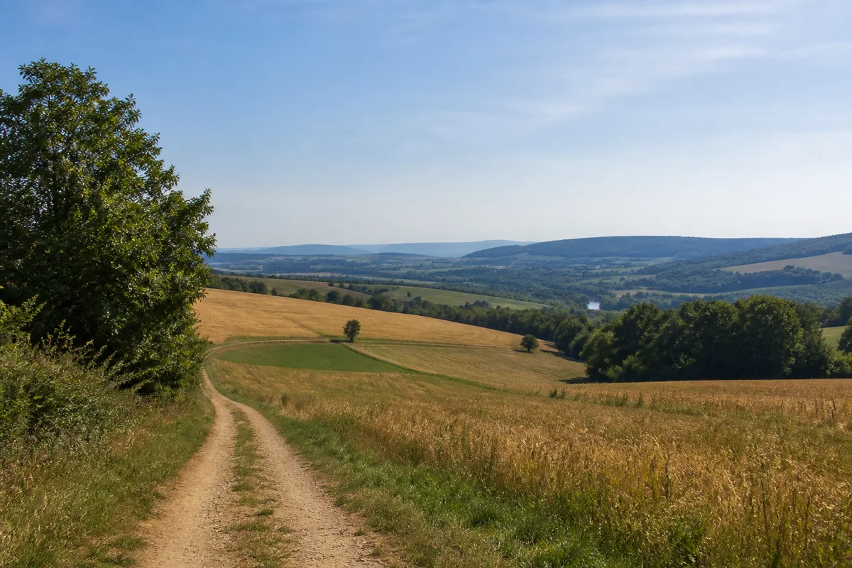 Altenstädt: offener Feldweg durch wellige Äcker über dem Elbetal