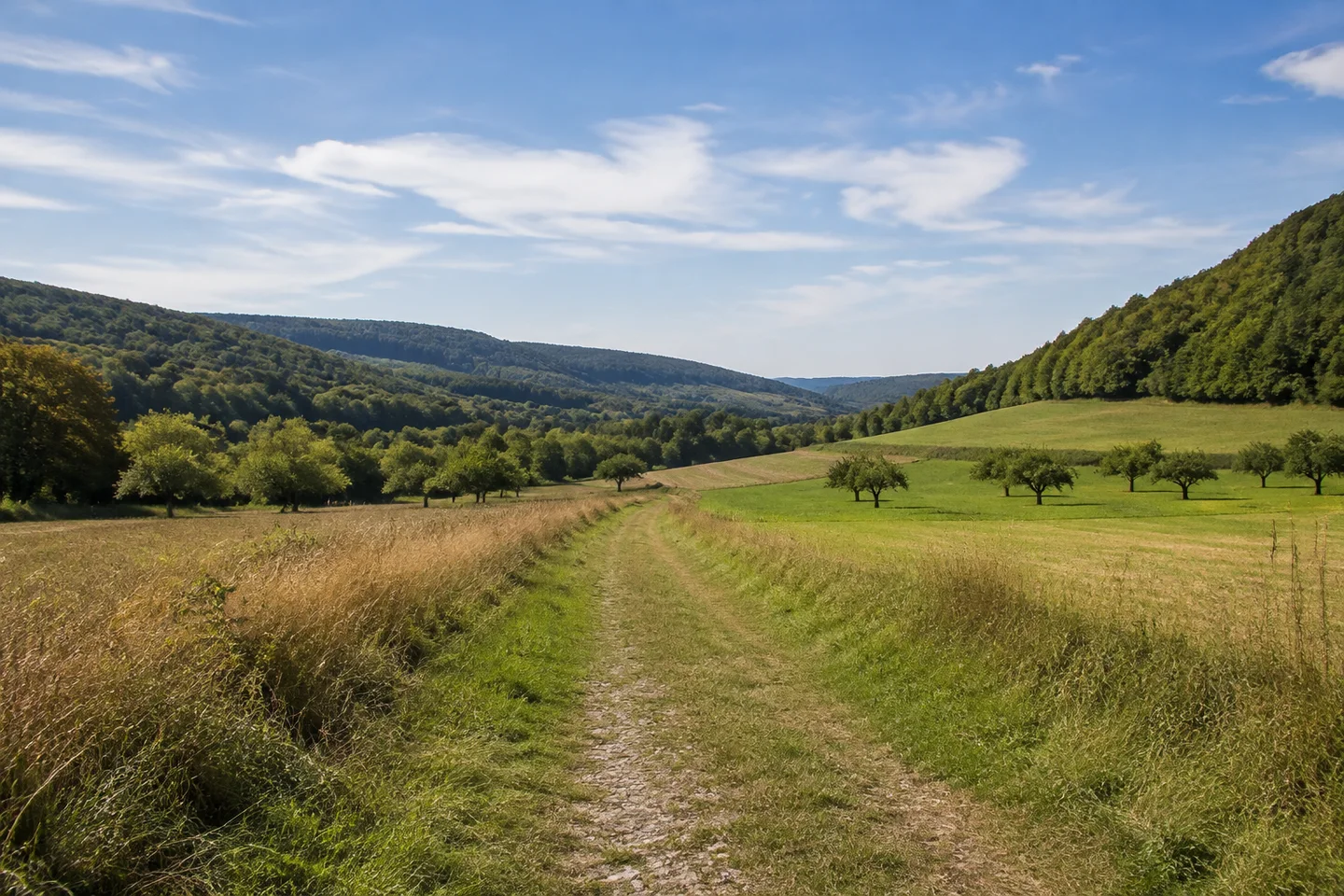 Wiesen und Felder im Umfeld des Dilsbergs, niedrige Obstbäume und bewaldete Neckartalhänge in der Ferne; Blick von einem Feldweg, ohne Burg oder Türme.