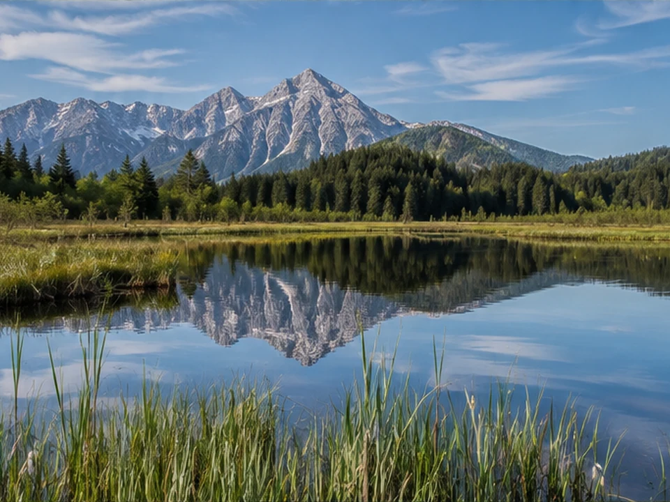 Attlesee: stiller Moorsee mit Schilf und Bergspiegelung