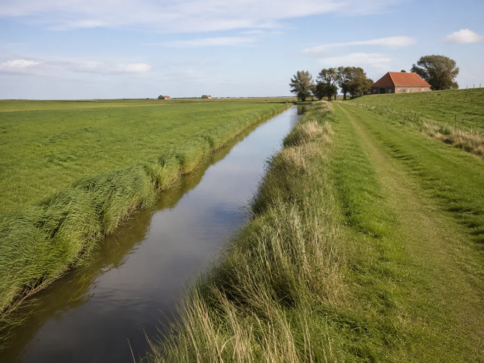 Neuharlingersiel: Schmaler Entwässerungskanal neben ebenen grünen Wiesen und wenigen niedrigen Backsteinhöfen