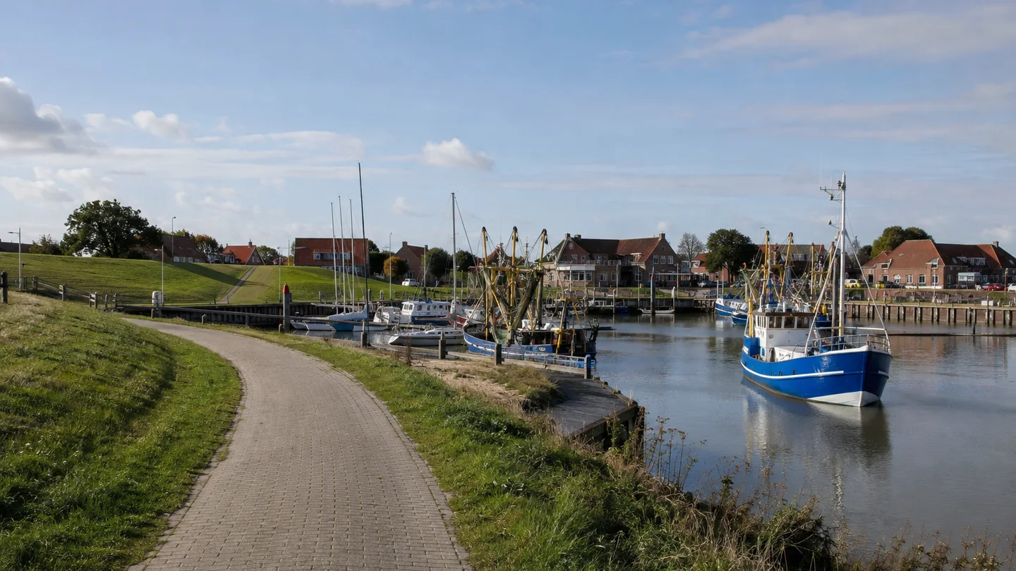 Neuharlingersiel: KI-Visualisierung zur Startregion Sielhof, Neuharlingersiel – Kleiner ostfriesischer Kutterhafen mit niedrigen Backsteinhäusern, ruhigem Wasser und öffentlichem Kai
