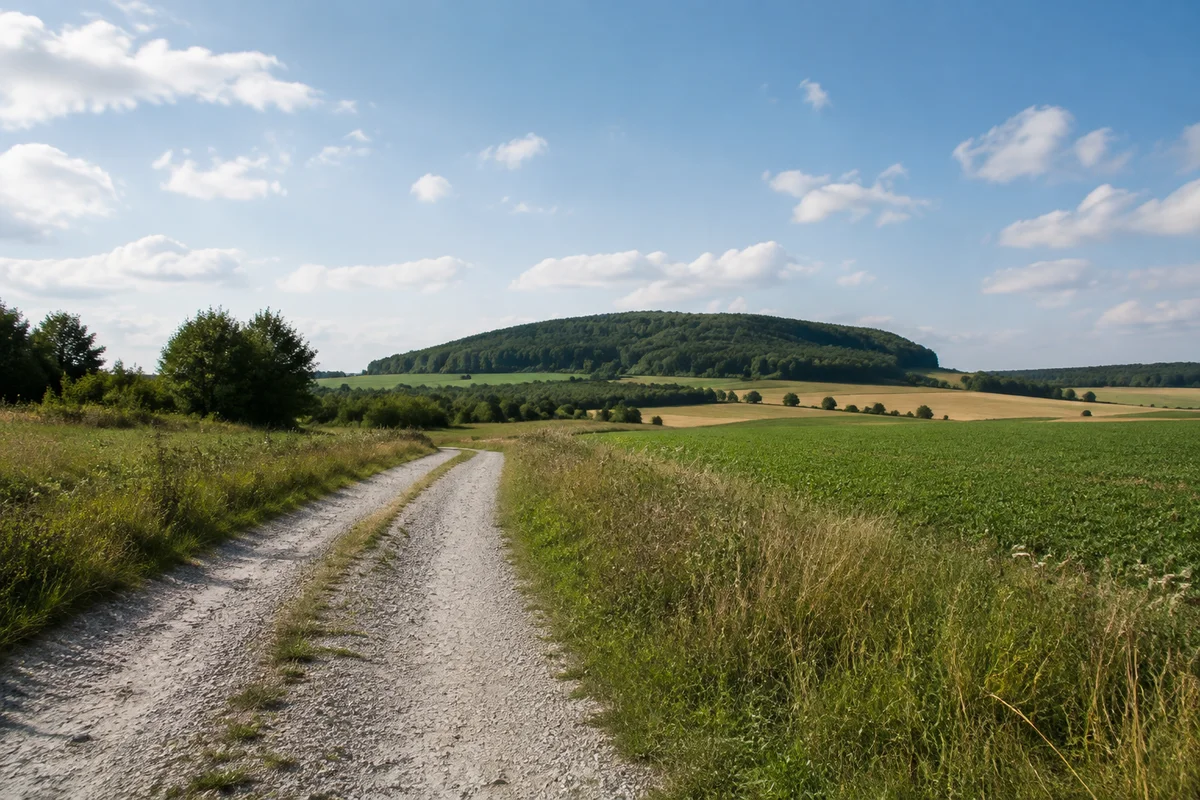 Neumarkt in der Oberpfalz: Bewaldeter niedriger Zeugenberg bei Stauf über offenen Feldern im Neumarkter Becken, geschotterter Feldweg im Vordergrund.